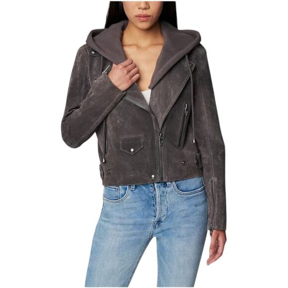 NEW BlankNyc Blank NYC XS Grey Hooded 100% Suede Leather Jacket Silver Zipper - Picture 1 of 6